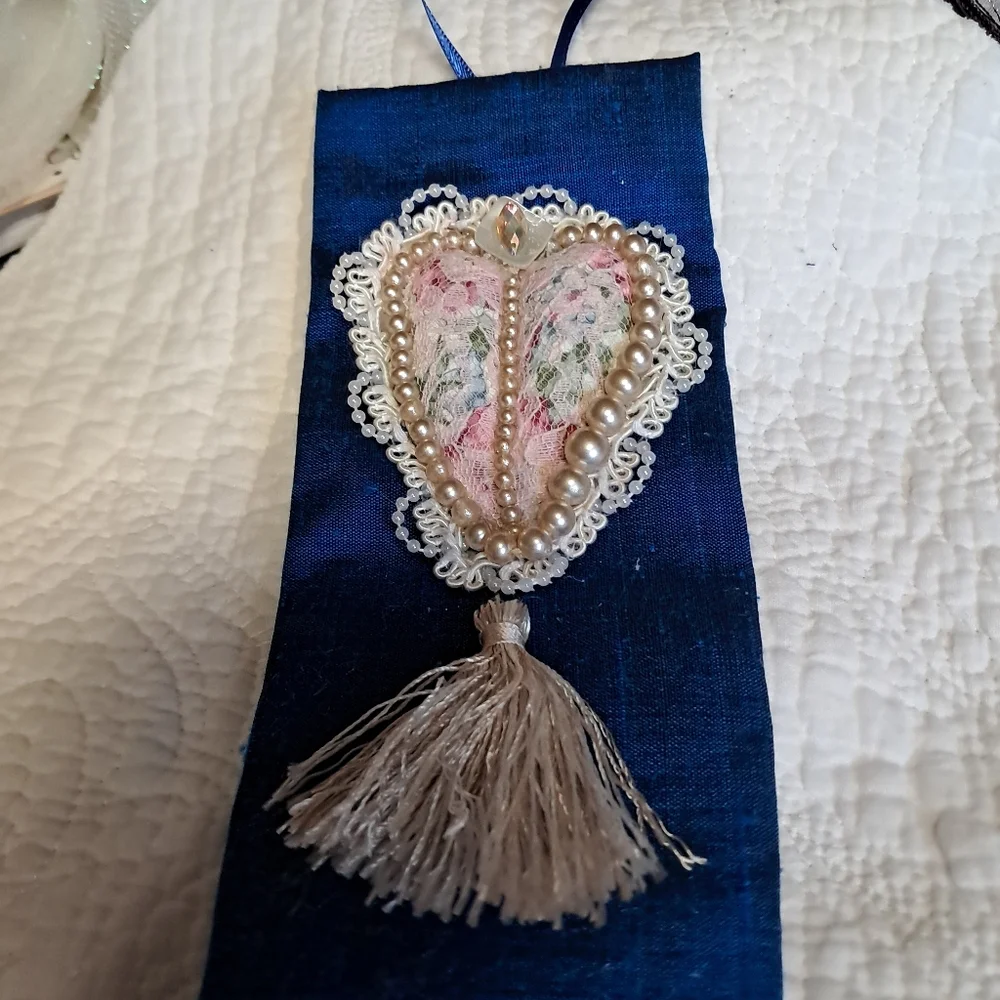 OOAK Handmade Textile Heart Flat Art Lace Pearls Silk
